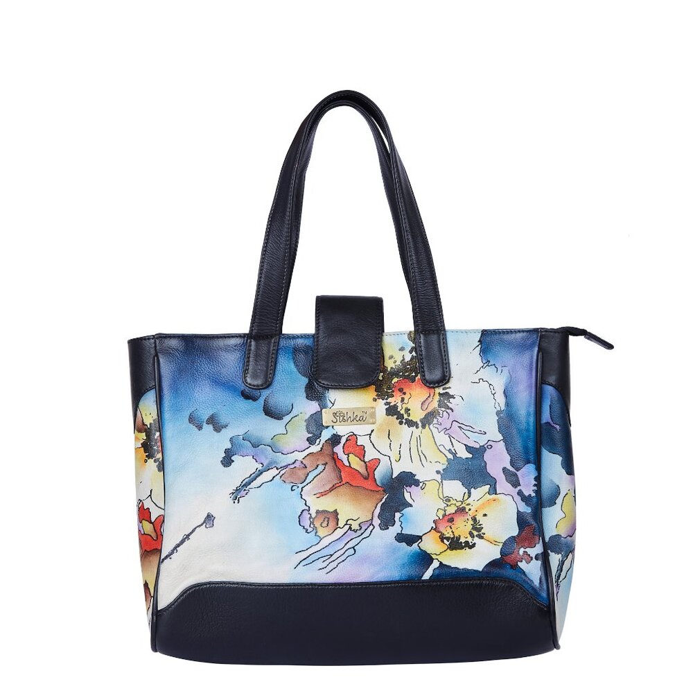 Hand Painted Dual-Tone Blue & Black Leather Shoulder Tote Bag for Women